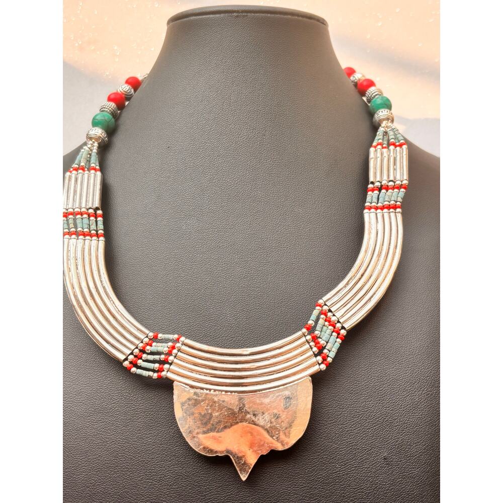 925 Sterling Tibetan Turquoise & Red Coral Necklace 19" - Picture 11 of 11